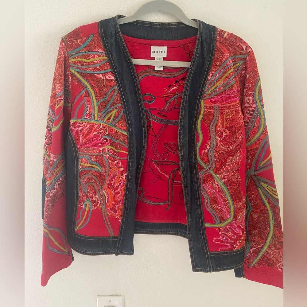 Chico's Red and Blue Denim Embroidered Bolero Open Front Cardigan Is Size L